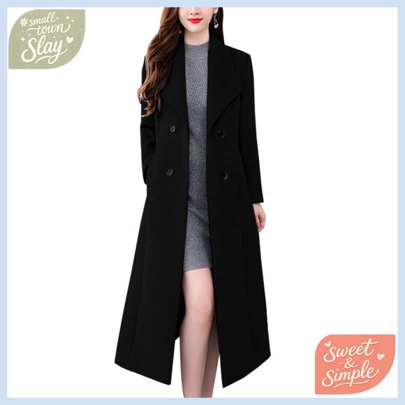 Long Wool Pea Coat Shawl Collar Double Breasted Trench Winter Coat